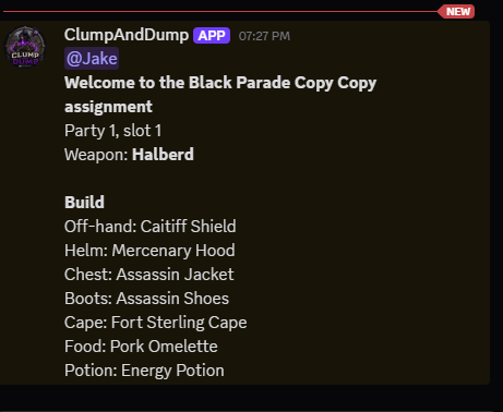 Discord assignment message with role slot and build