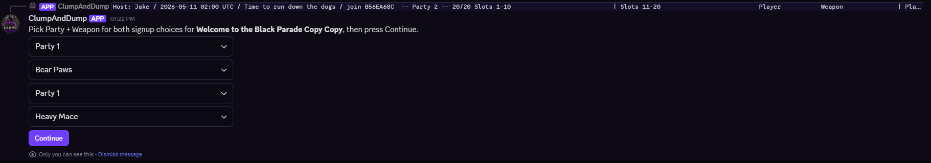 Discord signup dropdown with party choices